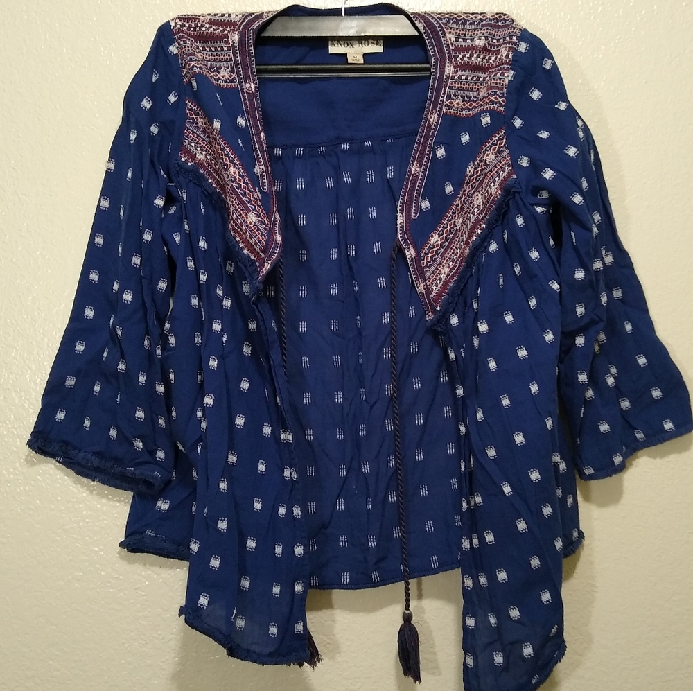 Knox Rose boho embroidered open front top medium